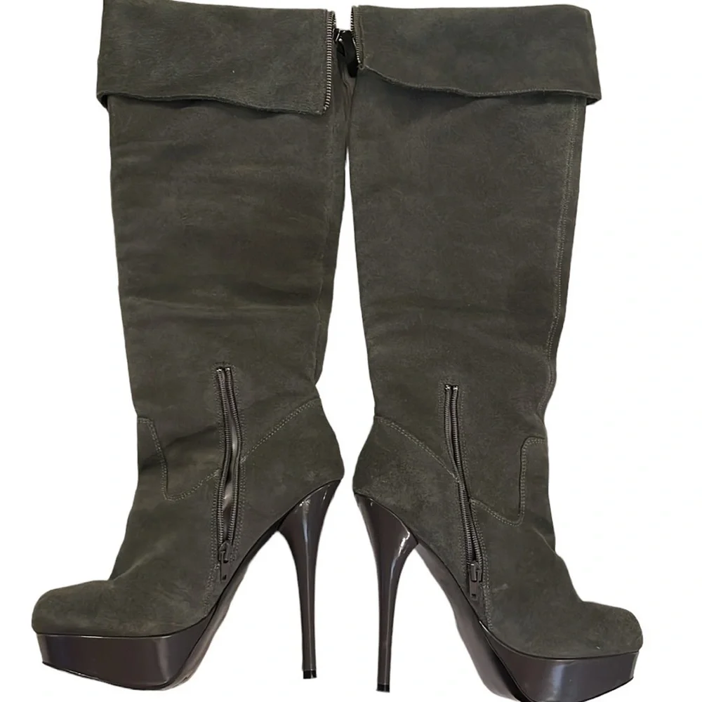 Steve Madden Boots ‘Calgarry’ Vintage Grey Suede Over-the-Knee Platforms - EUC